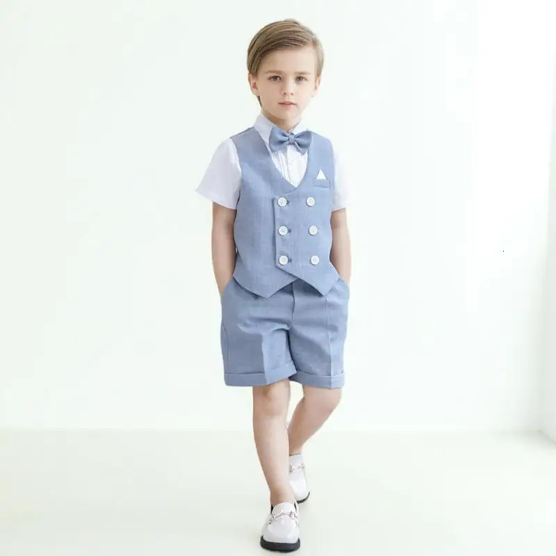 Childrens Summer Vest Suit Set Kids Fashion Wedding Host Birthday Pography Costume Kids Waistcoat Shorts Bowtie Outfit 250219