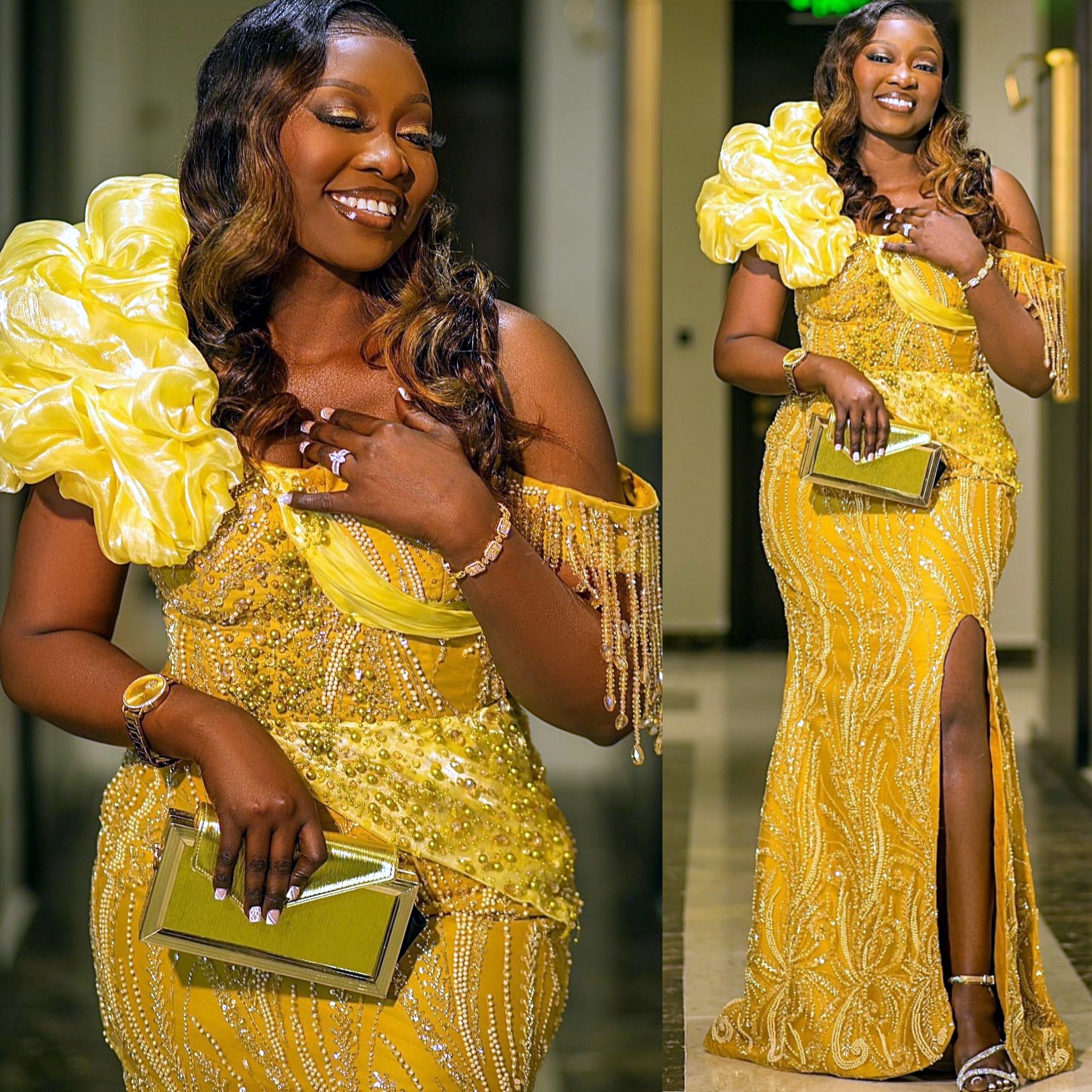 Yellow Mermaid Prom Dresses 2025 Pearls Beadings Sequined Stylish Evening Formal Party Second Birthday Engagement Gowns Plus Size Dress For Special Oc