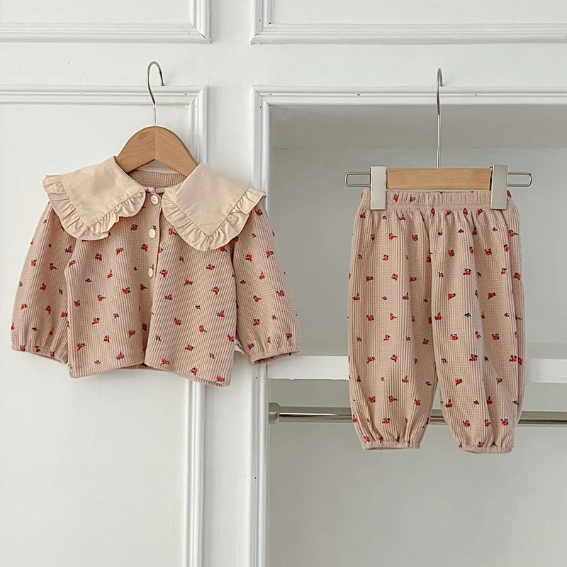 2024 Spring born Baby Girls Clothing Set Long Sleeved Waffle Cotton Printed CardiganPants Toddler Baby Girl Clothes Suit 250220