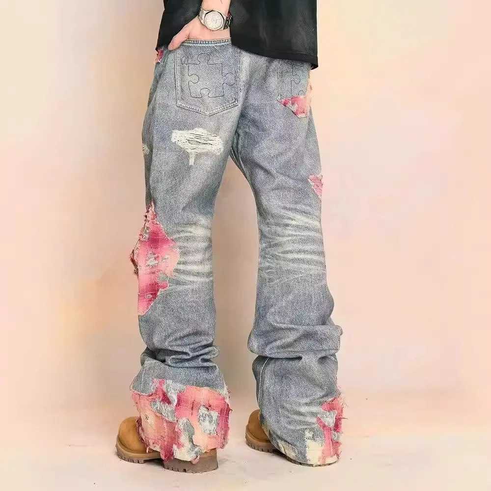 Y2k Grunge Ripped Print Contrast Patchwork Straight Harajuku Hip Hop Casual Baggy Trendy High Waist Hallow Out Jeans X250220