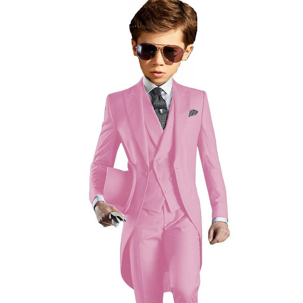 Light Grey Boys Suits Long Tuxedo Jacket Pant Vest Tailcoat 3-Piece Suit Wedding Dress Kids Formal Business Blazer 250219
