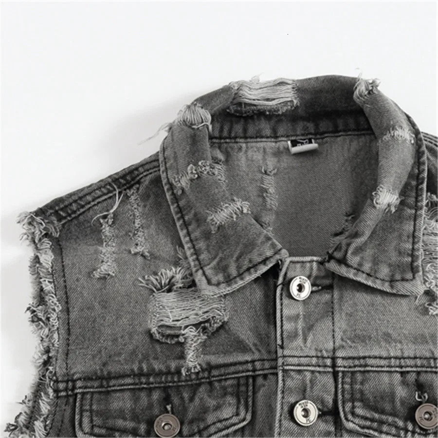 Spring Autumn Vintage Mens Denim Vest Male Sleeveless Jacket Men Grey Ripped Hole Jean Waistcoats Clothing Oversize 5XL 250219