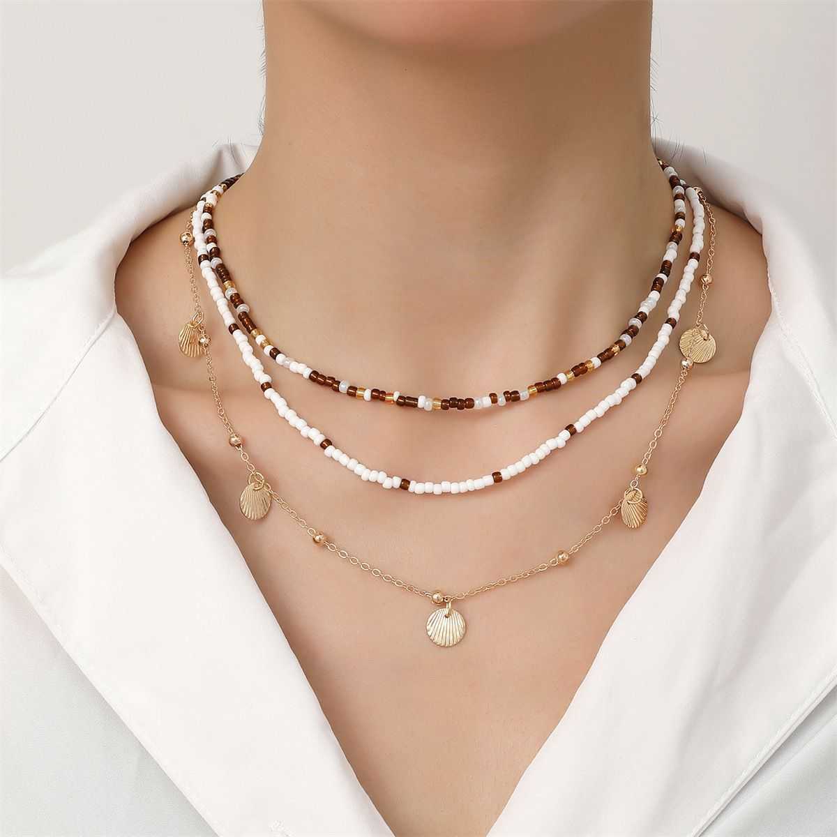 Pendant Necklaces Bohemian Metal Shell Stacked Rice Bead Necklace Female Ins Niche Pearl Bead Collar Chain H25219