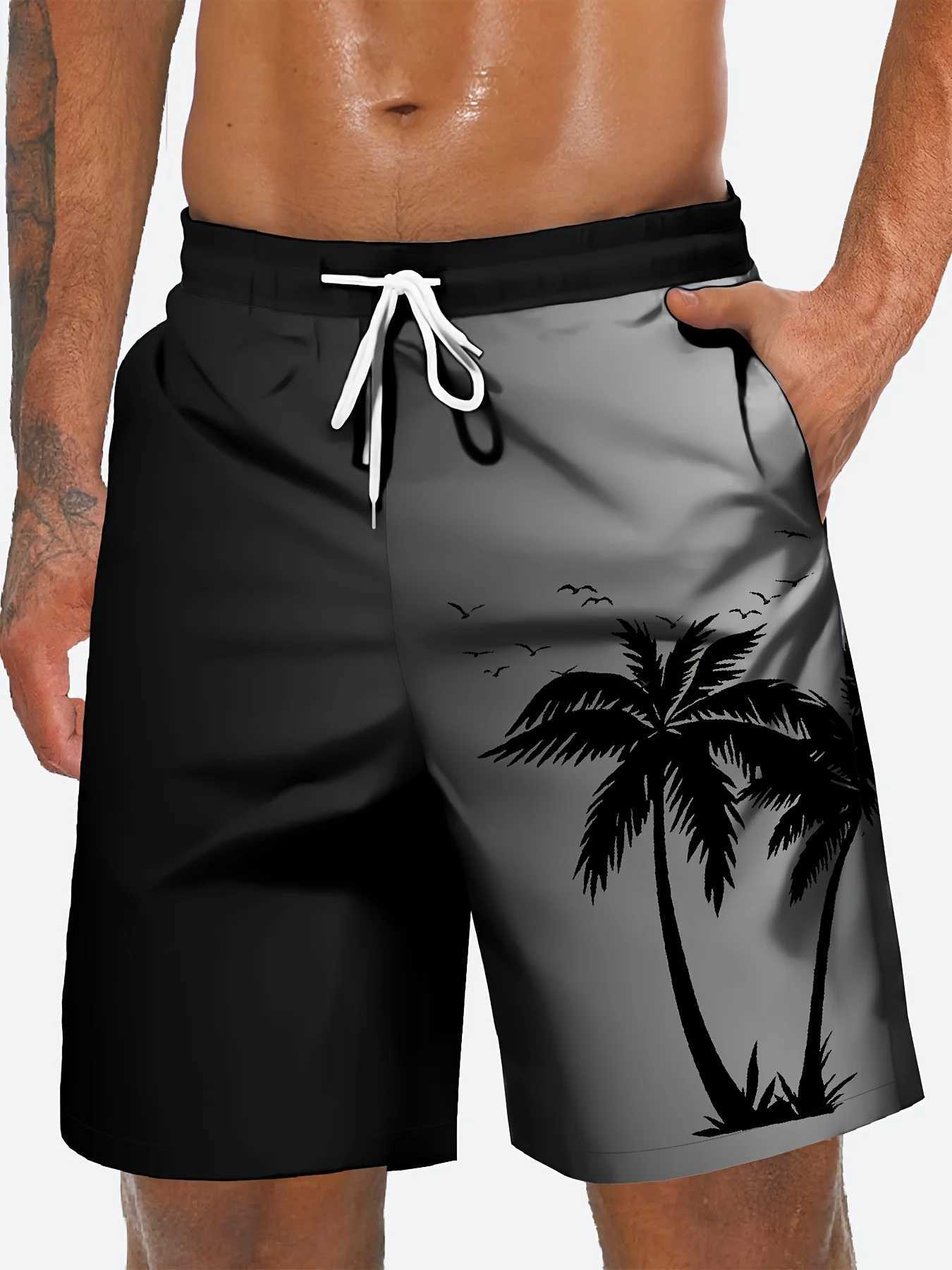Coconut tree pattern mens casual color block waist shorts with pockets suitable for sports vacation beach pants sweatpants X250220