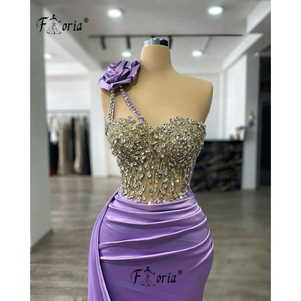 Purple Elegant Satin Prom Dress Beads Crystal Sexy Formal Evening Gown Customized Tail Robes Longues Soir Es L Gante