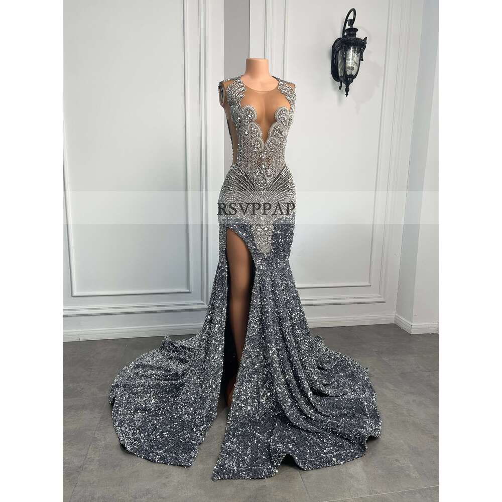 Sparkly Long Dresses Sexy High Slit Dia Sier Sequin Black Girls Mermaid Prom Dress