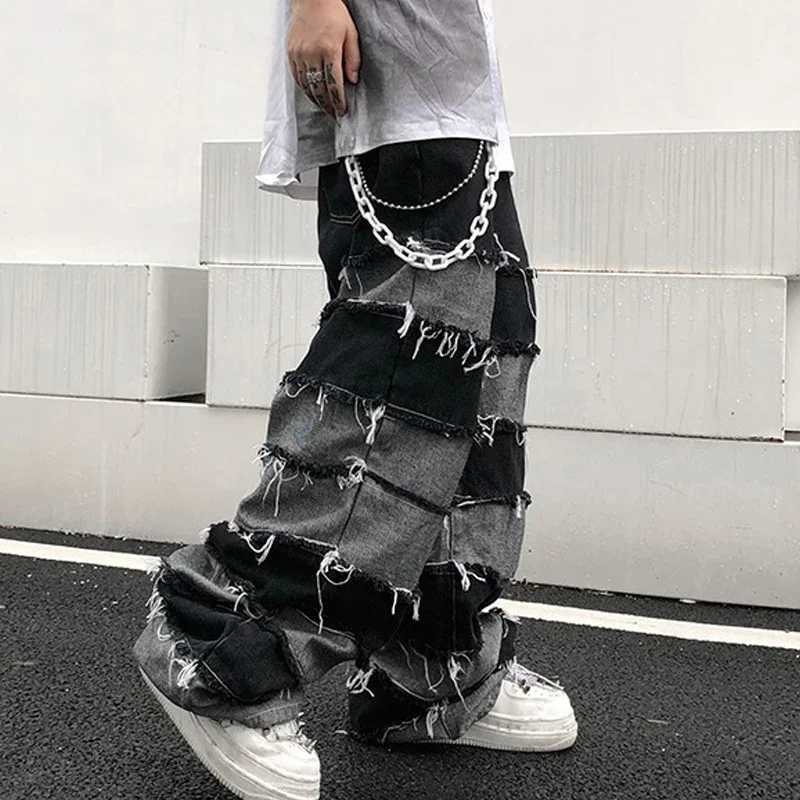 American New High Street Antique Tassel Jeans for Men Dropped Wide Leg Hip Hop Lazy Long Pants X250220