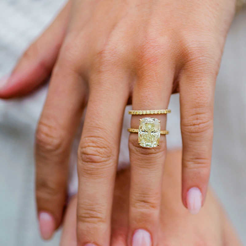 Lutser Fine Jewelry 18K/14K/10K Yellow Gold Double Band 7.0 Carats Elongated Cushion Cut Colored Moissanite Ring