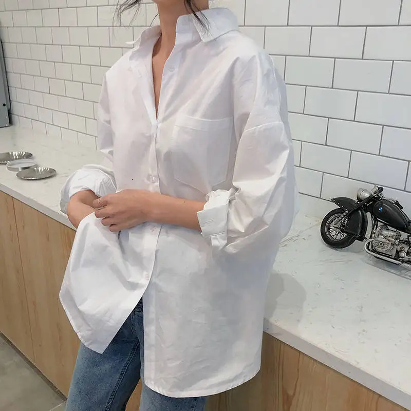 Spring In Minimalist Full Sleeve Women White Basic Shirt Korea Style Button Up Pocket Oversize Woman Blouse Clothing 250219