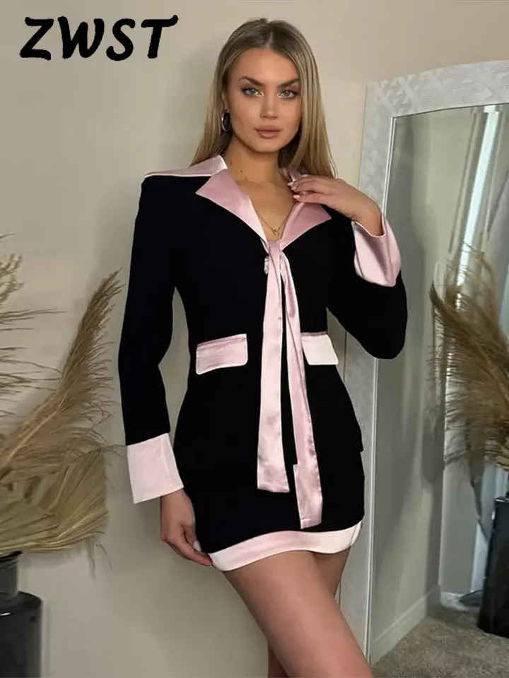 Contrast Patchwork Women Top Set High Waist Hip Package Lady 2 Pieces Suit Elegant Office Lace Up Bow Female Jacket Sets 250220