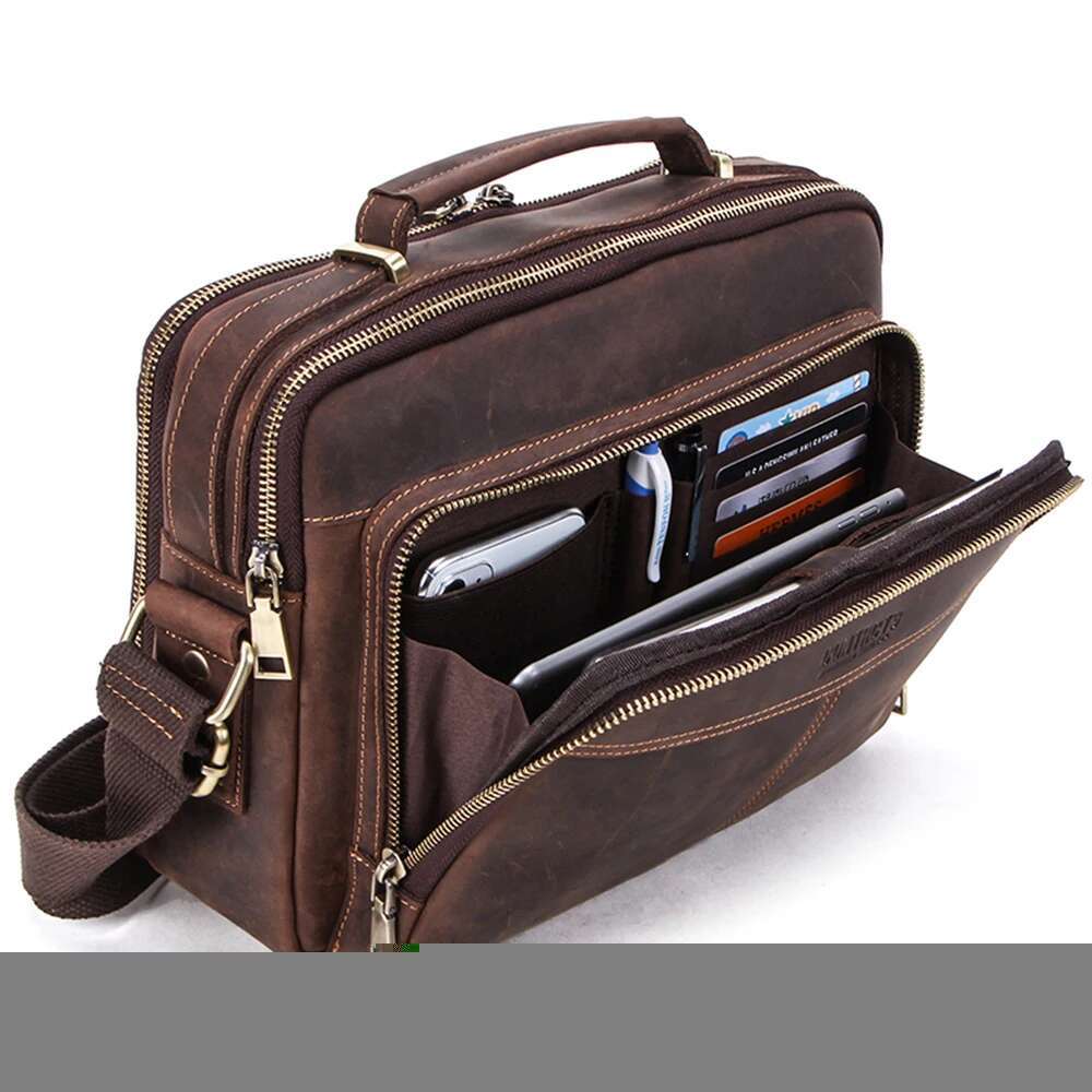 Crazy Horse Messenger Bag, Vintage Large Capacity Crossbody Shoulder Bag Men Retro Male Leather Handbags For Tr