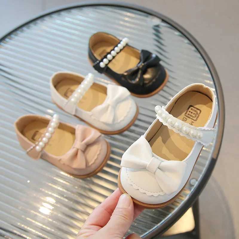 Toddlers Girls Leather Shoes Little Kids Casual Flats Princess Sweet with Pearls Beading Bow-knot 2024 Dress Party Shoes Soft X250220