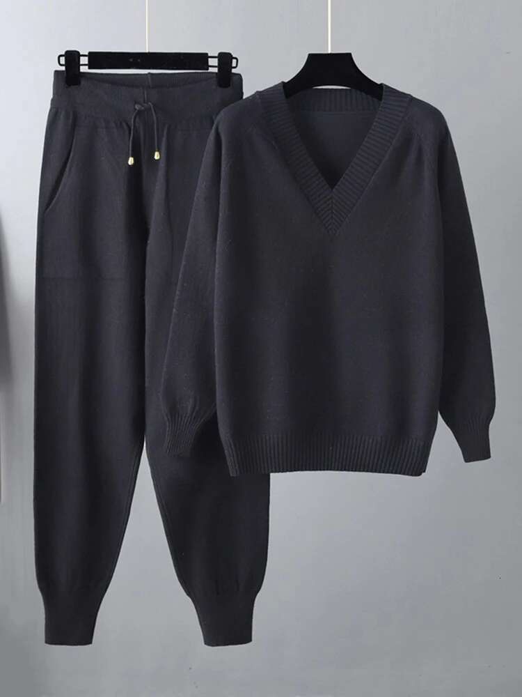 Knitted 2 Pieces Set Women V Neck Full Sleeve Sweater + Pencil Pants Solid Color New 2025 Female Clothing 17G7531