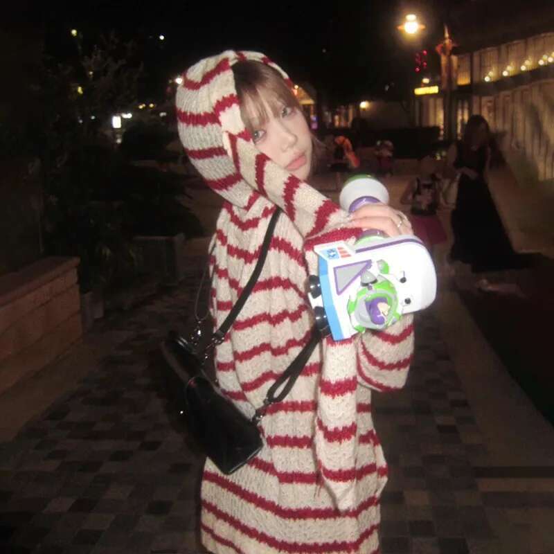 Karrram Japanese Y2k Hooded Cardigan 2000s Aesthetics Rabbit Ears Zipper Knitwear Vintage Haruku Red Stripe Sweater Grunge