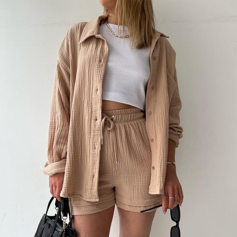 Womens Tracksuits Two-piece Wrinkled Fabric Lapel Long Sleeved Shirt High Waisted Drawstring Shorts Large Fashion Casual Set