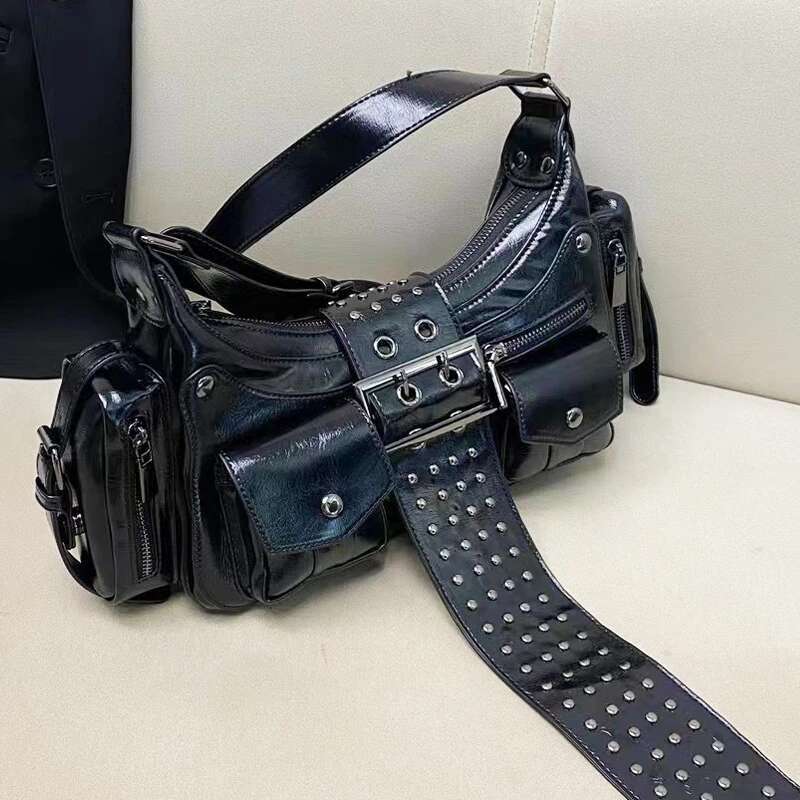Moto & Biker Bags For Women Designer Handbags Purses 2024 New In PU Oil Wax Leather Multiple Pockets Belt Rivet Shoulder