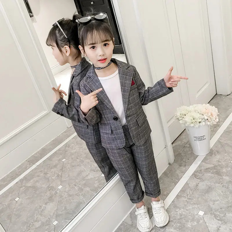 Fashion Wedding Kids Suit for Girls Formal Pant Suits for Teenagers 2PCS Blazer Set Plaid Children Blazer 4 5 7 9 11 13T 250219