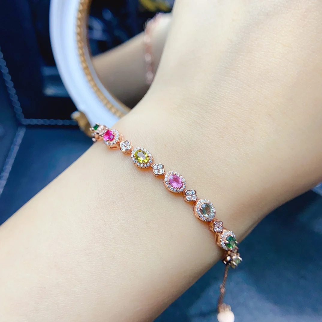 FS S925 Sterling Silver Inlay 34mm Natural Tourmaline Bracelet With Certificate Fine Charm Weddings Jewelry for Women MeiBaPJ 250213