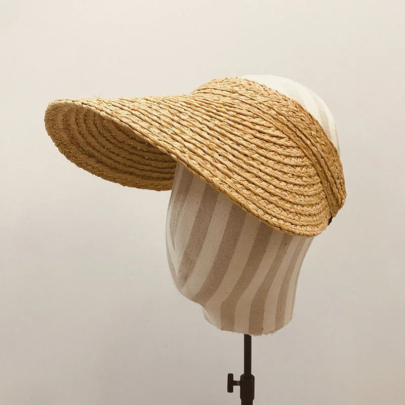 Fashion Wide Brim Raffia Sun Visor Hat for Women Straw Hat Ponytail Summer Beach Hat UV Packable Travel Derby Hat 250219