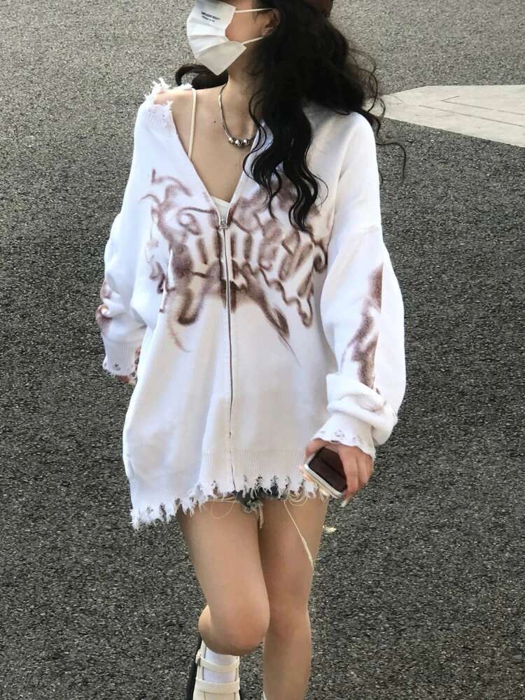 KOSAHIKI Y2k Cardigan Women Ripped Oversized Jumper Vintage Tie Dye Letter Knitted Zipper Sweater Jackets Haruku Streetwear