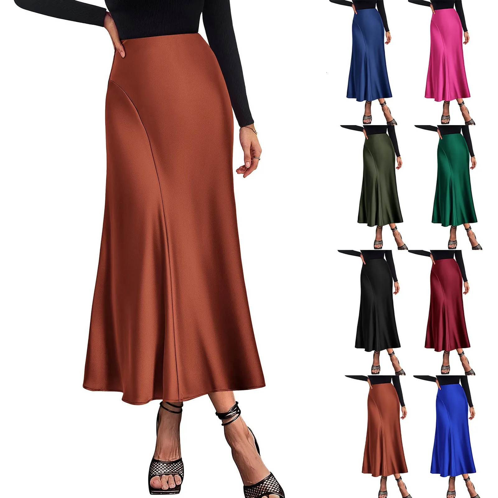 Elegant Women Silk Satin Fishtail Skirt Irregular High Waist Chic Turmpet Business Office Flowy Wrapped 250220