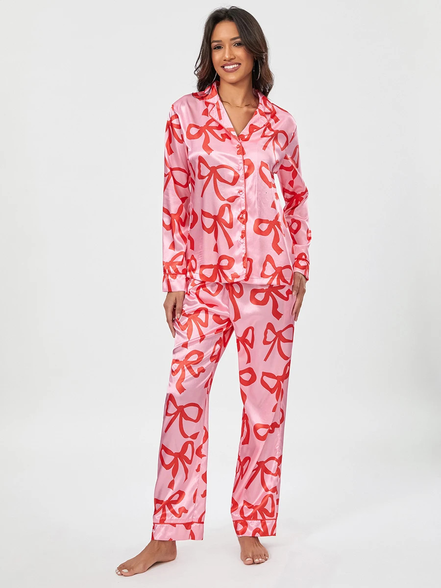 Womens 2-piece long sleeved lapel button top bow printed pants pama set 250219