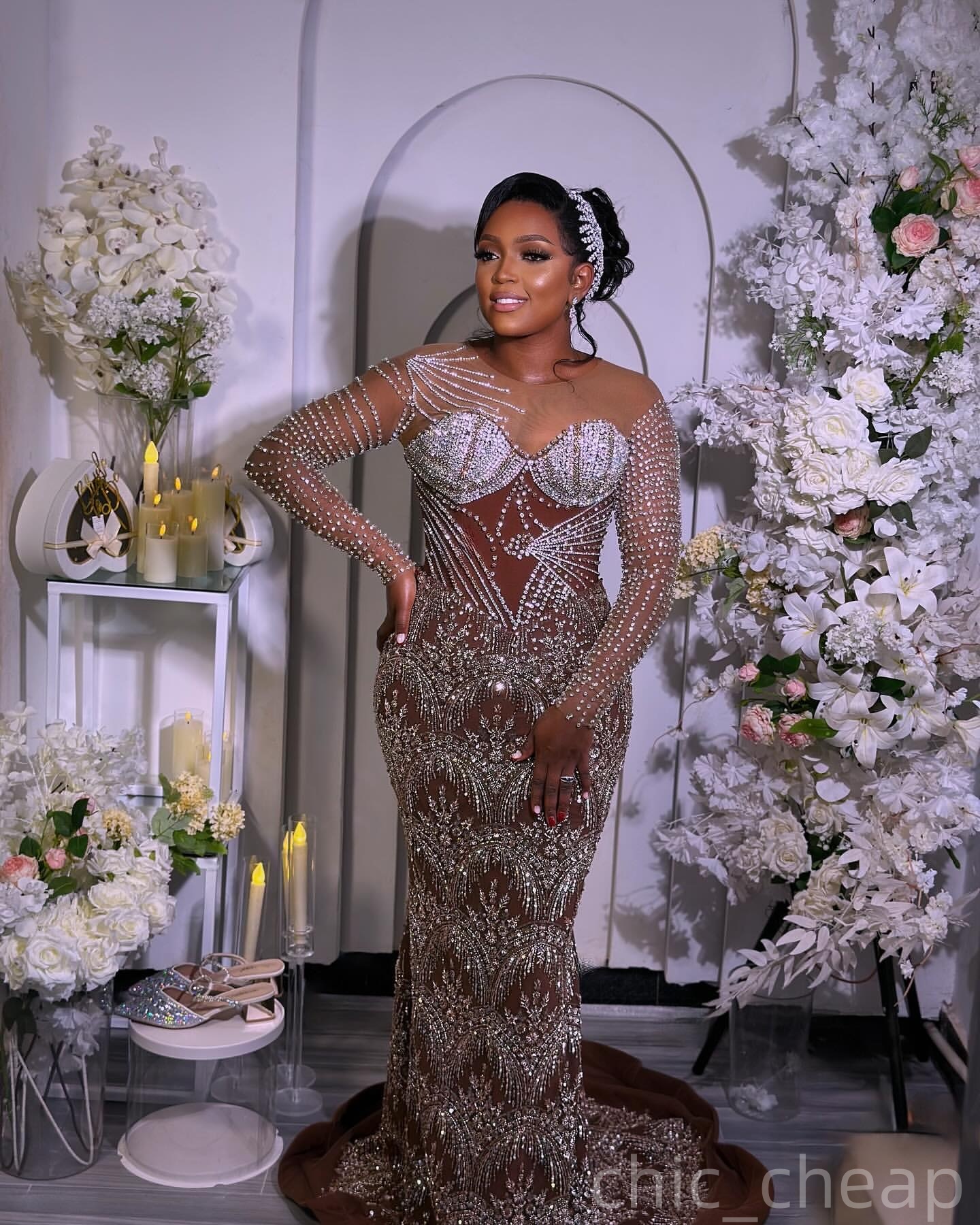 Brown Illusion Mermaid Prom Dresses 2025 Crystals Sheer Neck Sequined Evening Formal Party Second Birthday Engagement Gowns Plus Size Dress For Specia