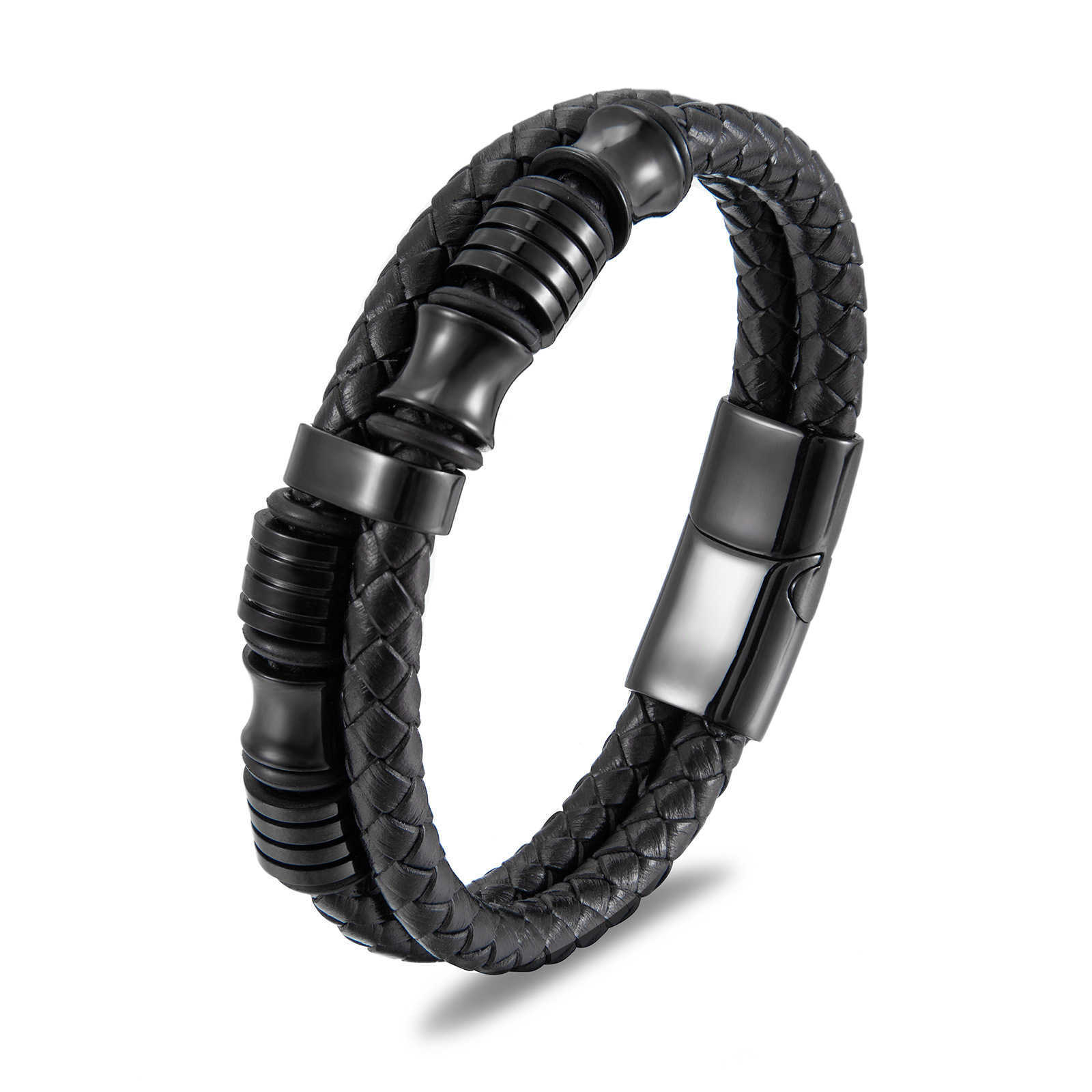Charm Bracelets New black leather stainless steel mens bracelet minimalist leather bracelet H25220