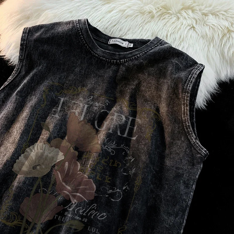 Street bike vest hip-hop washed out sleeveless T-shirt mens loose fashion outerwear vest 250219
