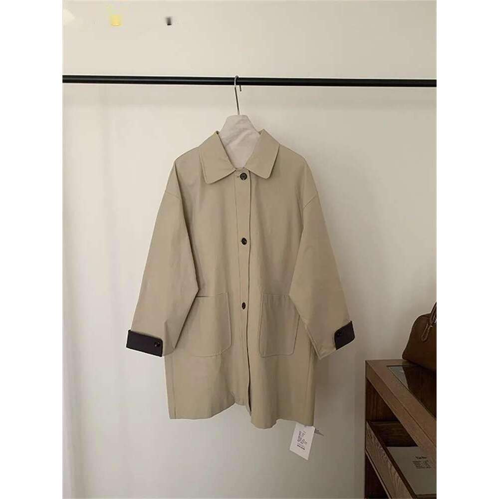 2025 Trench Coat Women Simple Spring Loose Versatile Collared Jacket Top Khaki Beige