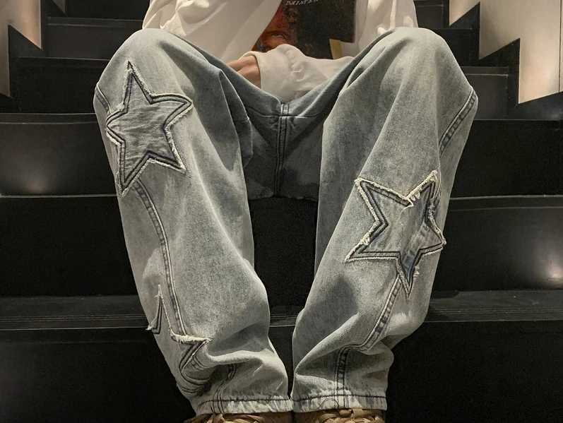 New fashion five point star jeans mens high waisted retro street clothing mens pants pockets winter wide leg jeans denim mens clothing X250220