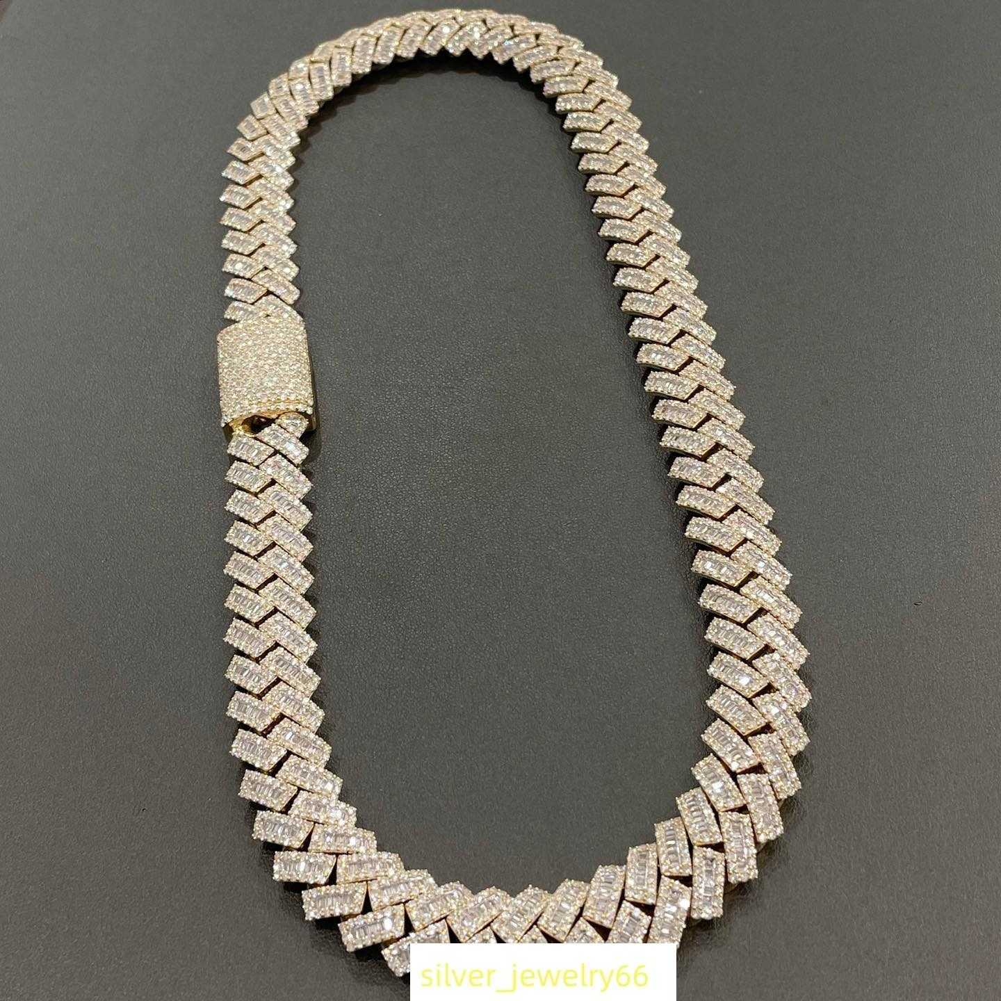 New Arrival Yellow Gold 18mm 20mm Prong Baguette Diamond Necklace 18K Gold Plated Silver Iced Out Cuban Link Chain for Men