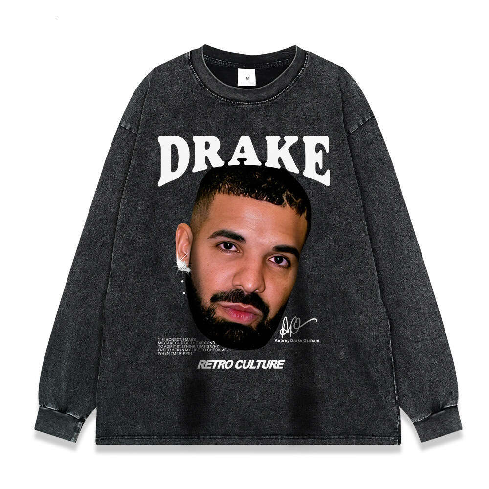 Rap series hip-hop print 260g washed and distressed long sleeved T-shirt for men tee American fashion label