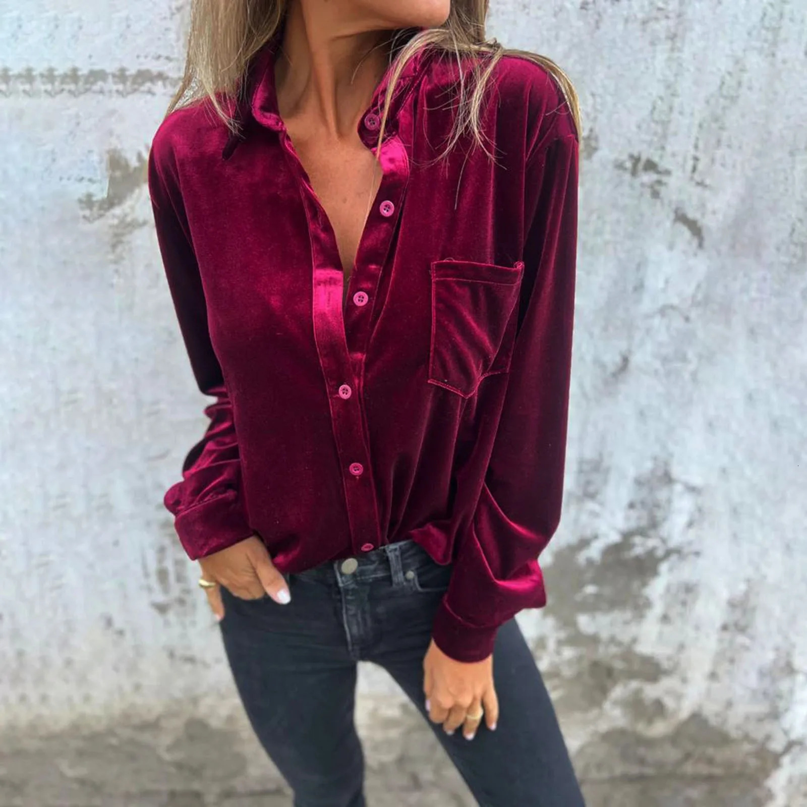 Autumn Vintage Velvet Blouses For Women Y2k Style Button Down Shirts Solid Color Streetwear Blouse Long Sleeve Loose Fit 250219