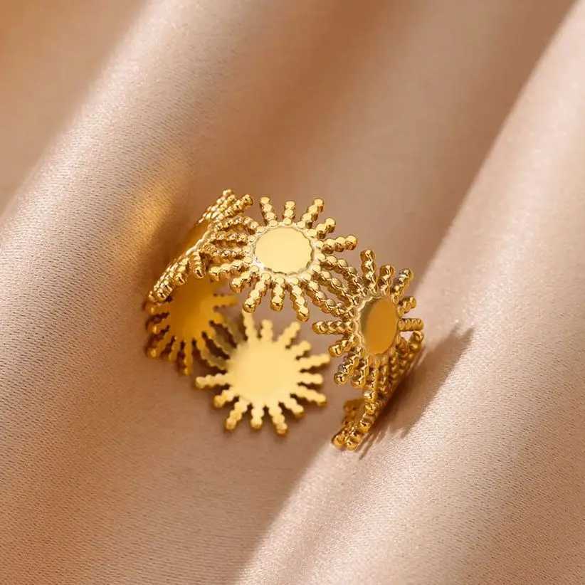 Vintage Sun Rings For Wen Gold Color Stainless Steel Sun Ring Wedding Couple Aesthetic Fashion Wedding Christmas Jewelry Gift X250220