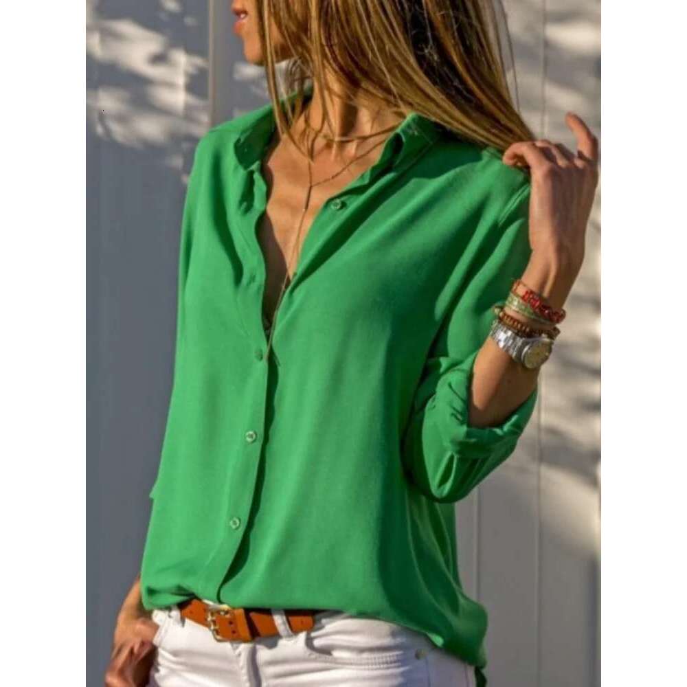 Women Elegant Solid Chiffon Blouse Spring Summer Casual Long Sleeve V Neck Loose Shirt Office Lady Tunics Oversized Tops 2023
