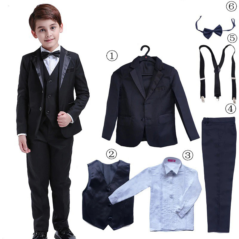 LOlanta 6Pcs Classic Boys Suits for Weddings Formal Blazer Kids Tuxedo Shirt Vest Party Ring bearer Suits Black 250219