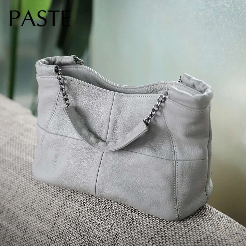 Splicing Together Design Chain Handle Casual Tote Natural Cow Leather Women's Handbag Soft Yellow Grey Shoulder Bag For Mom