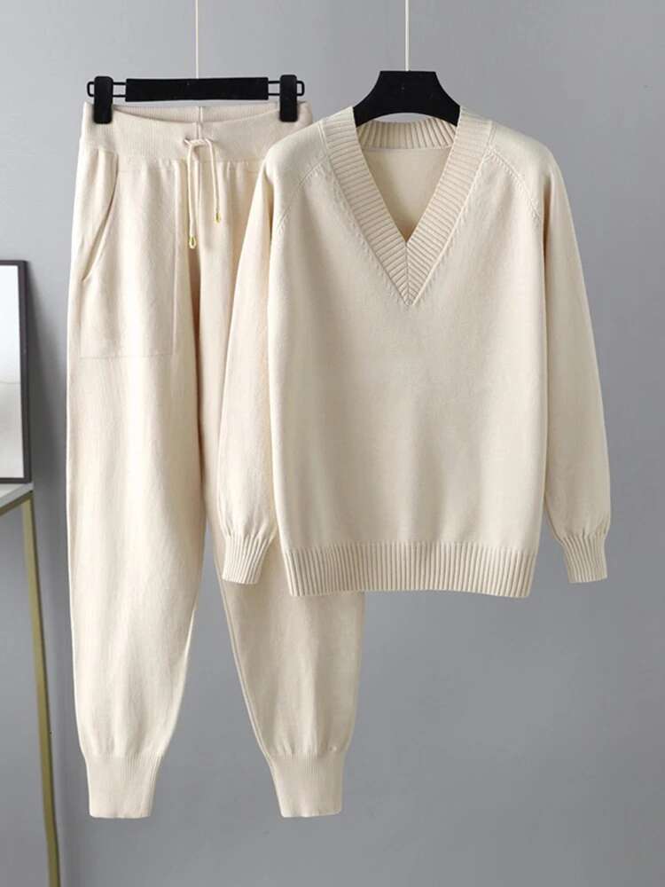 Knitted 2 Pieces Set Women V Neck Full Sleeve Sweater + Pencil Pants Solid Color New 2025 Female Clothing 17G7531