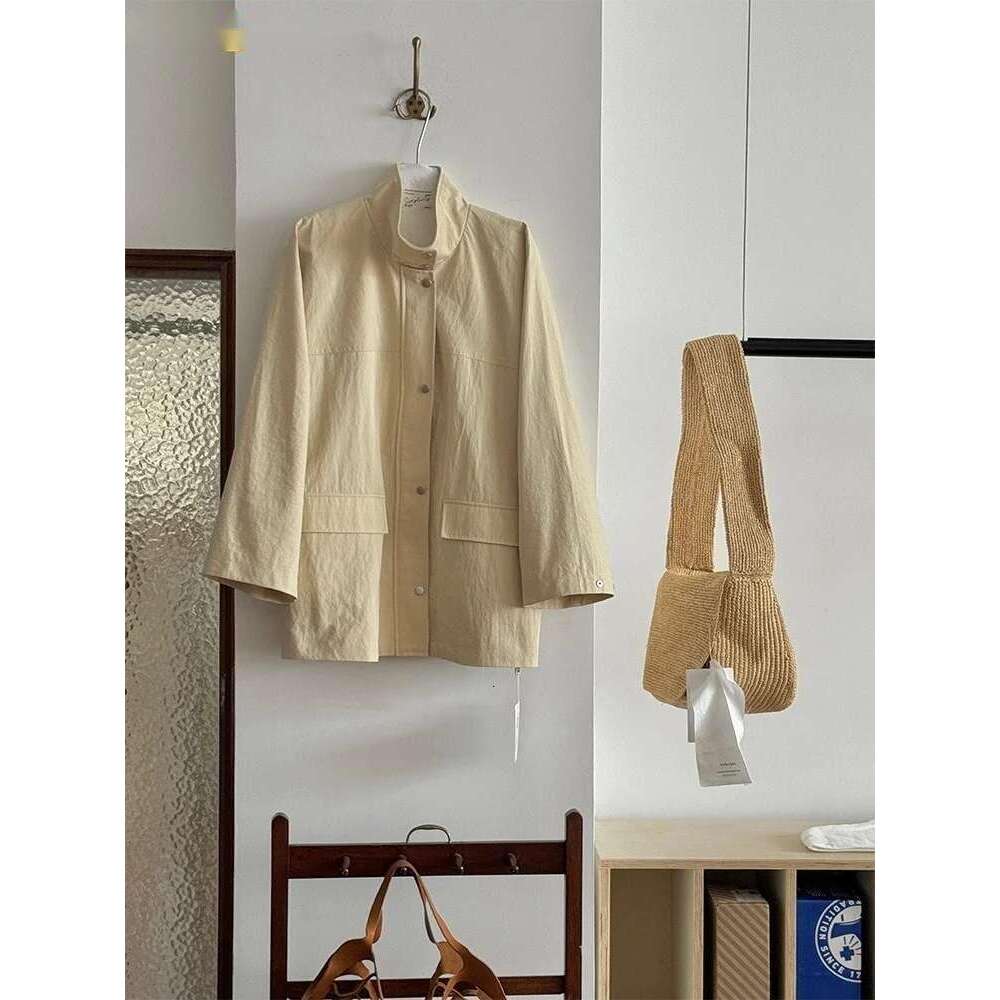 2025 Relaxed Loose Shoulder Jacket Women Spring Stand Collar Silhouette Top Rice Apricot/Light Blue/Dark Gray