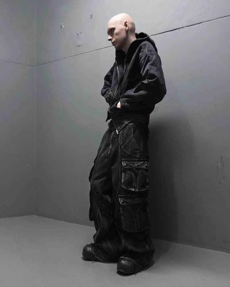 Streetwear New Fashion Old Washing Heavy Industry Big Pocket Black Baggy Jeans Men Y2K Rock Hiphop Dark Casual Wide-leg Trousers X250220