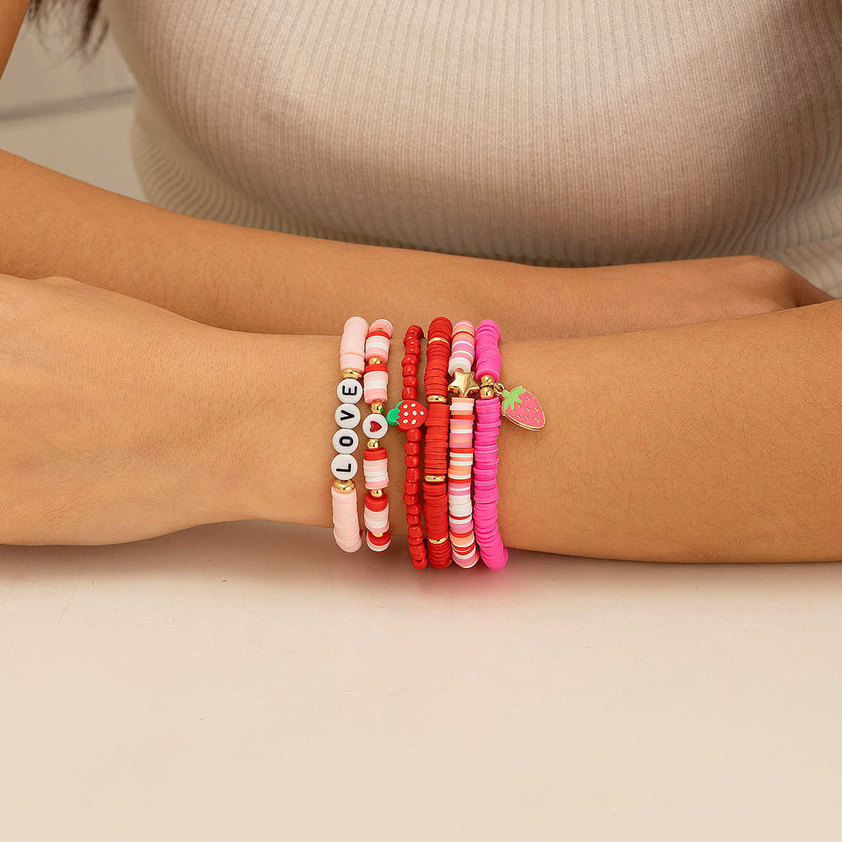 Charm Bracelets Accessories Bohemian style colorful soft ceramic elastic letter LOVE bead bracelet Brelet H25220