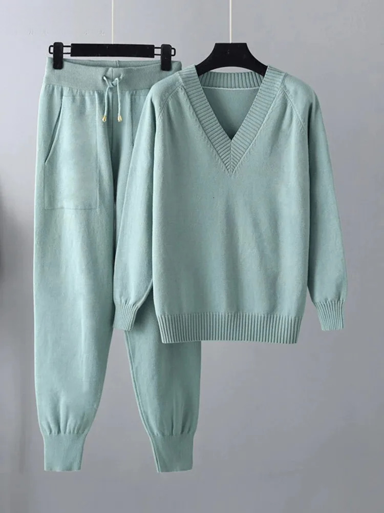 Knitted 2 Pieces Set Women V Neck Full Sleeve Sweater + Pencil Pants Solid Color New 2025 Female Clothing 17G7531