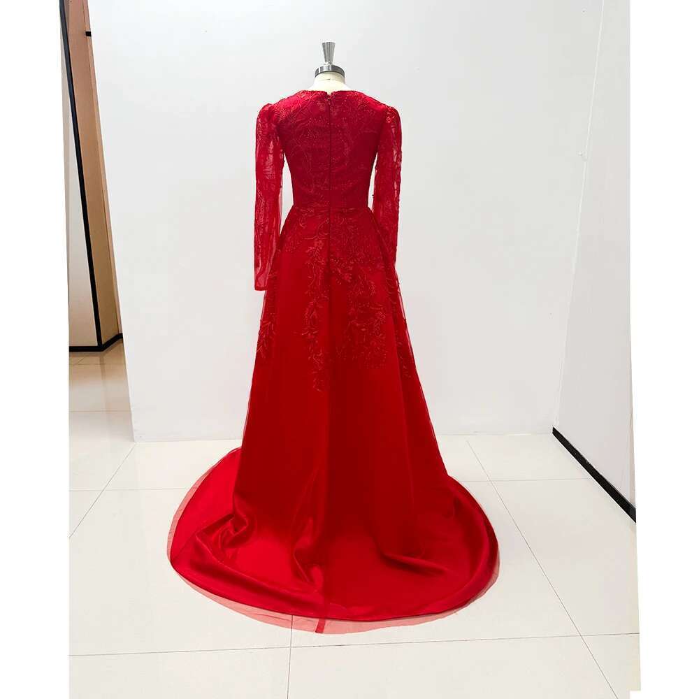 Red Tulle Beads Applique Train Detachable Long Sleeve Sweetheart Up To The Floor Formal Casual For Woman 2025 prom