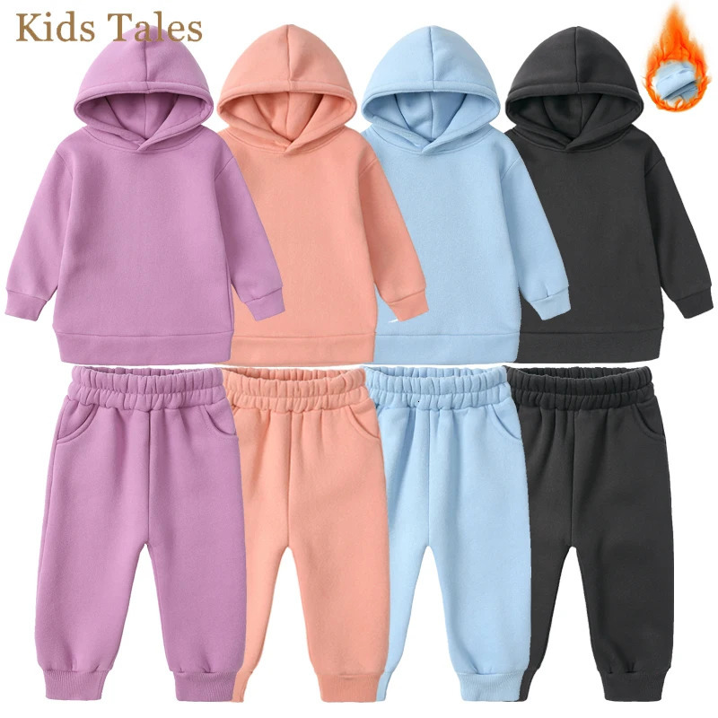 Kids Baby Boys Girls 2Pcs Fleece Outfits Hooded SweatshirtPants Toddler Solid Long Sleeve Tracksuit Children Essential Warm Set 250219