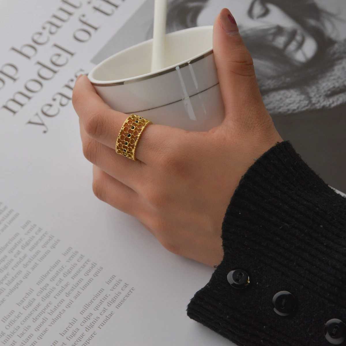 5 pieces French Style Vintage 14K Gold-plated Ring Stainless Steel Opening Adjustable Ring Trendy for Wen Jewelry Party Gifts X250220