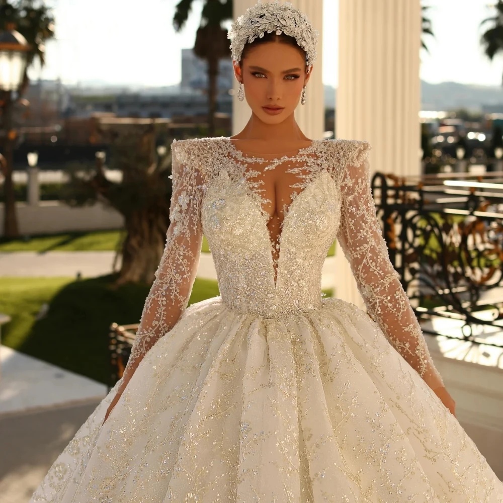 A e Women Wedding Jewel Neck Long Sleeves Bridal Gowns Sequins Lace Sweep Train Dress Custom Made vestidos de novia