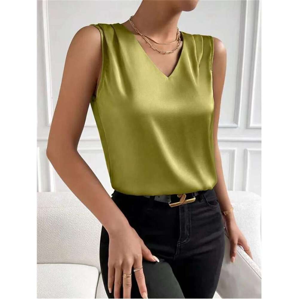 Women Summer Style Blouses Shirts Lady Casual Sleeveless V-Neck Satin Fabric Solid Color Blouse Tops Df5069