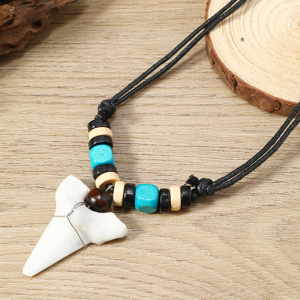 Pendant Necklaces Bohemian summer holiday surfing accessories fashionable and personalized wooden beads shark teeth necklace accessories H25219