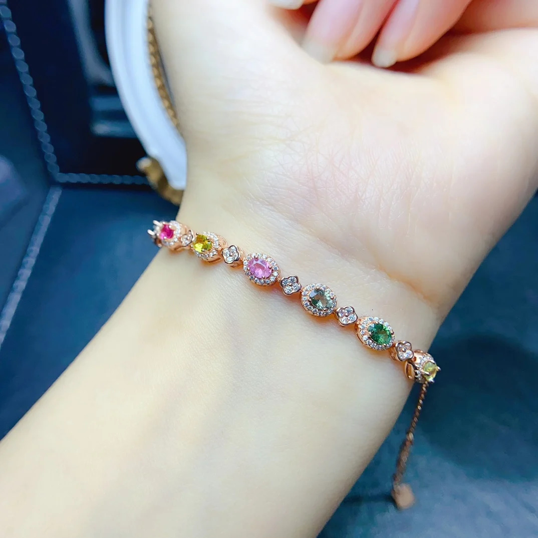 FS S925 Sterling Silver Inlay 34mm Natural Tourmaline Bracelet With Certificate Fine Charm Weddings Jewelry for Women MeiBaPJ 250213
